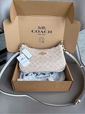 Coach Cream Signature Shoulder Bag with White Trim